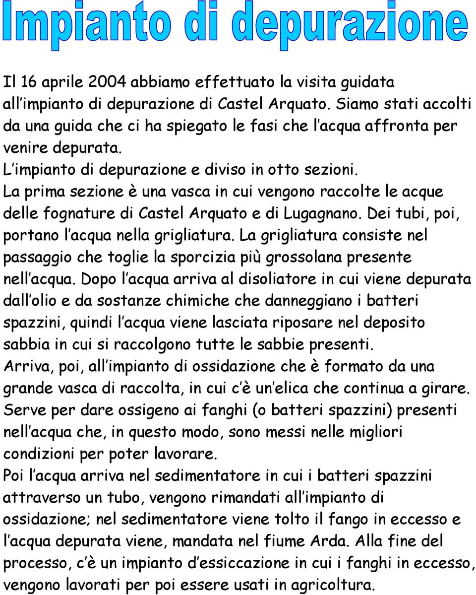 La prima sezione è una vasca in cui vengono raccolte le acque delle fognature di Castel Arquato e di Lugagnano. Dei tubi, poi, portano l acqua nella grigliatura.