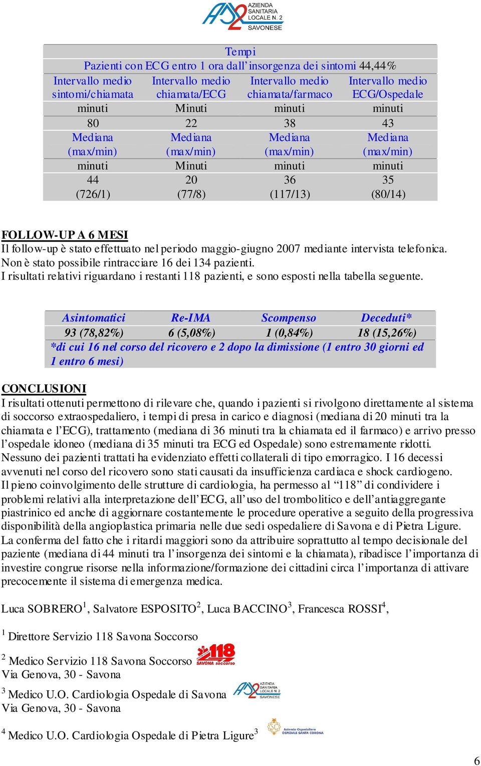 MESI Il follow-up è stato effettuato nel periodo maggio-giugno 2007 mediante intervista telefonica. Non è stato possibile rintracciare 16 dei 134 pazienti.