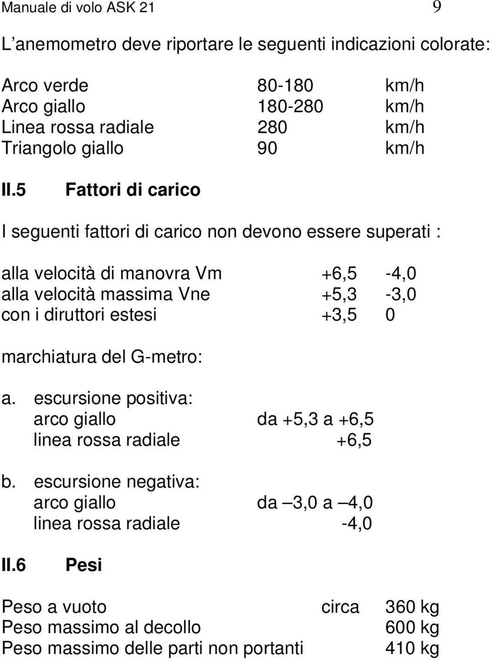 5 Fattori di carico I seguenti fattori di carico non devono essere superati : alla velocità di manovra Vm +6,5-4,0 alla velocità massima Vne +5,3-3,0 con i