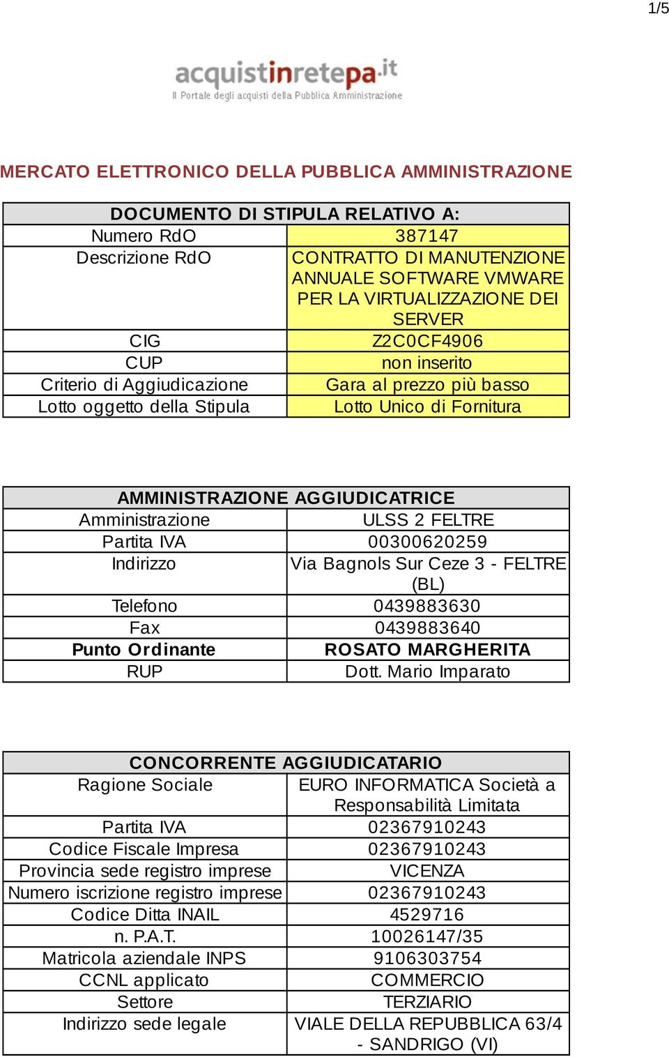 FELTRE Partita IVA 00300620259 Indirizzo Via Bagnols Sur Ceze 3 - FELTRE (BL) Telefono 0439883630 Fax 0439883640 Punto Ordinante ROSATO MARGHERITA RUP Dott.