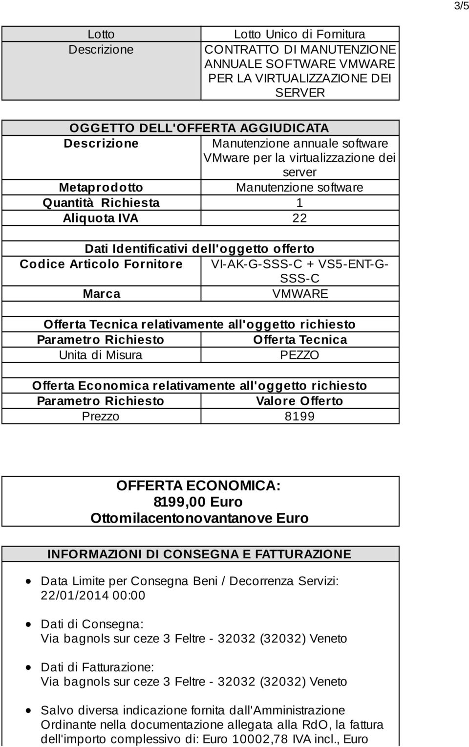 VI-AK-G-SSS-C + VS5-ENT-G- SSS-C Marca VMWARE Offerta Tecnica relativamente all'oggetto richiesto Parametro Richiesto Offerta Tecnica Unita di Misura PEZZO Offerta Economica relativamente all'oggetto