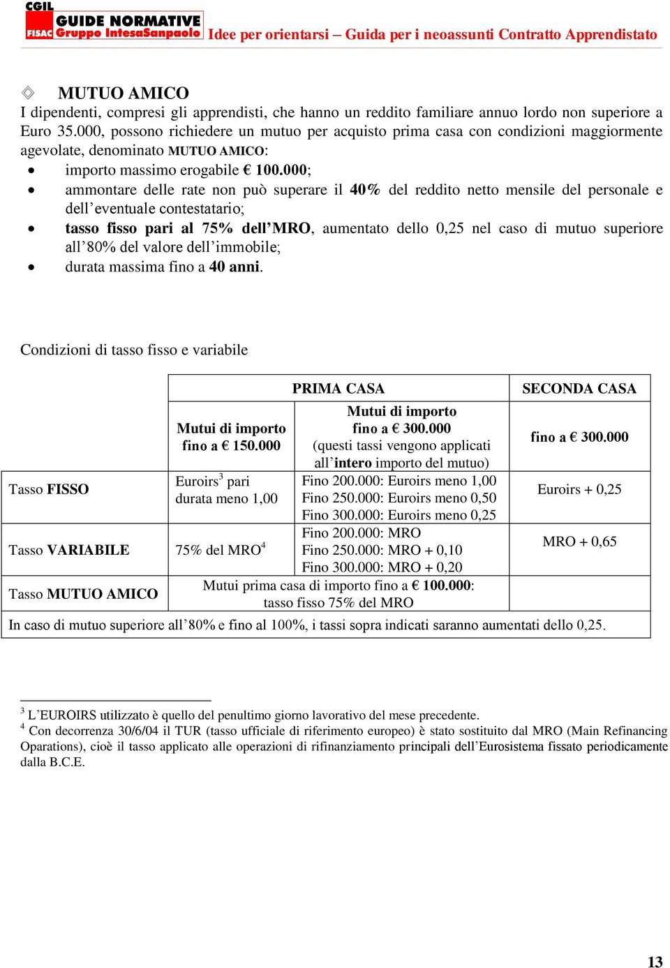 000; ammontare delle rate non può superare il 40% del reddito netto mensile del personale e dell eventuale contestatario; tasso fisso pari al 75% dell MRO, aumentato dello 0,25 nel caso di mutuo