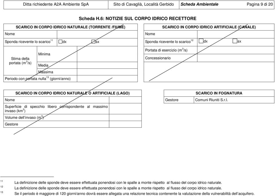 lo scarico 12 dx sx Stima della portata (m 3 /s) Minima Media Massima Portata di esercizio (m 3 /s) Concessionario Periodo con portata nulla 13 (giorni/anno) SCARICO IN CORPO IDRICO NATURALE O