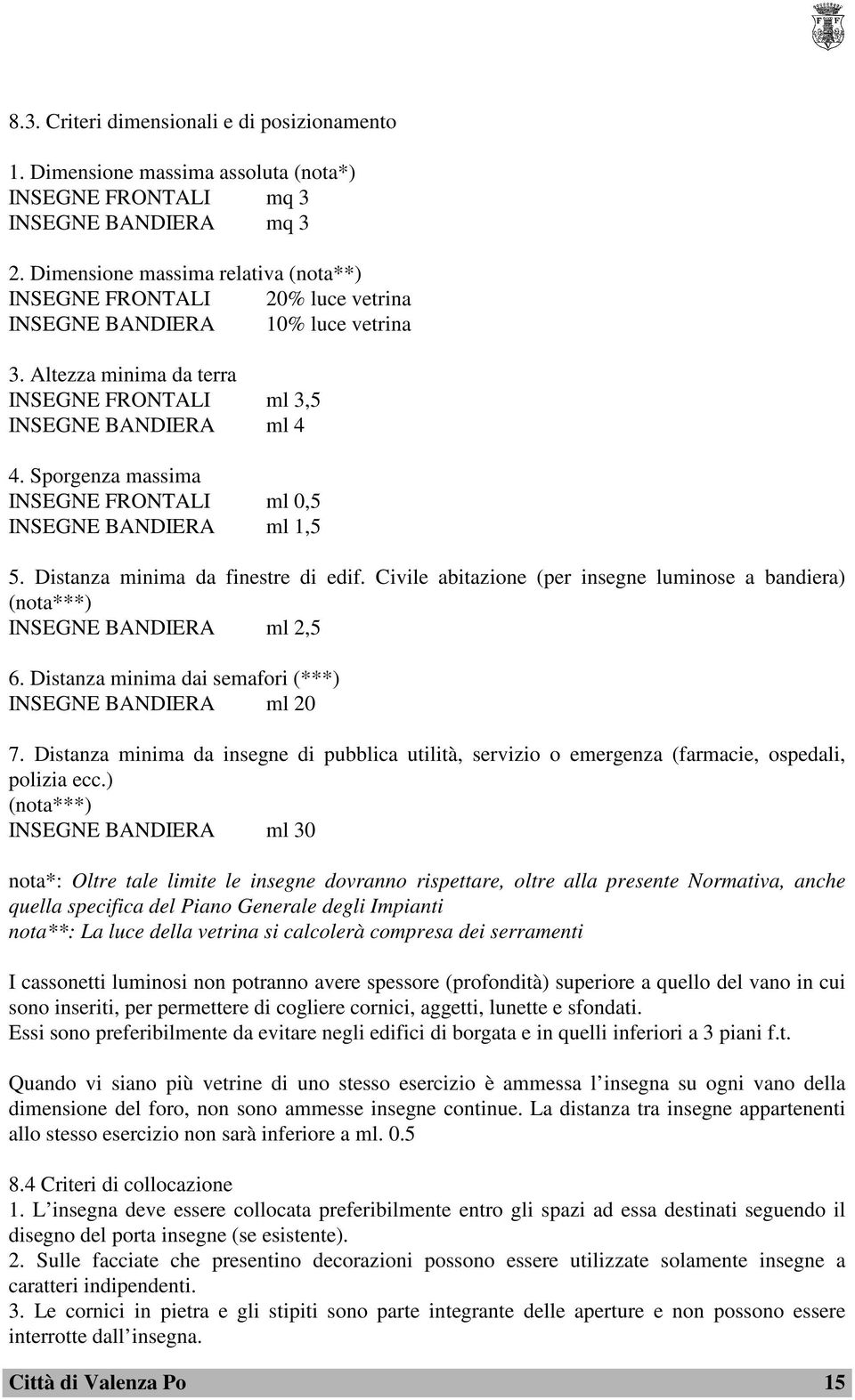 Sporgenza massima INSEGNE FRONTALI ml 0,5 INSEGNE BANDIERA ml 1,5 5. Distanza minima da finestre di edif. Civile abitazione (per insegne luminose a bandiera) (nota***) INSEGNE BANDIERA ml 2,5 6.