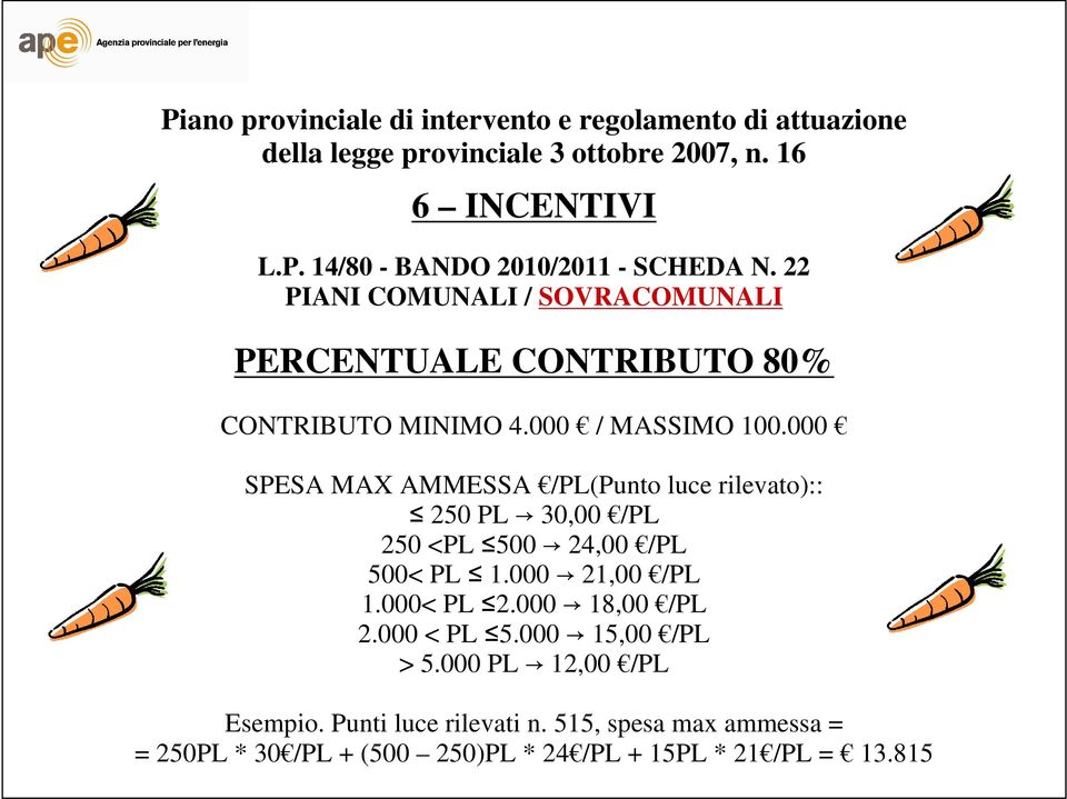 000 SPESA MAX AMMESSA /PL(Punto luce rilevato):: 250 PL 30,00 /PL 250 <PL 500 24,00 /PL 500< PL 1.000 21,00 /PL 1.000< PL 2.000 18,00 /PL 2.
