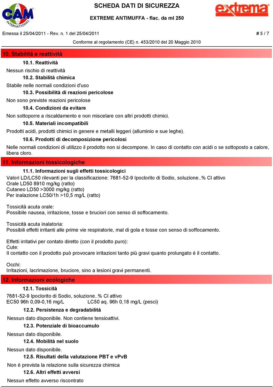 Materiali incompatibili Prodotti acidi, prodotti chimici in genere e metalli leggeri (alluminio e sue leghe). 10.6.