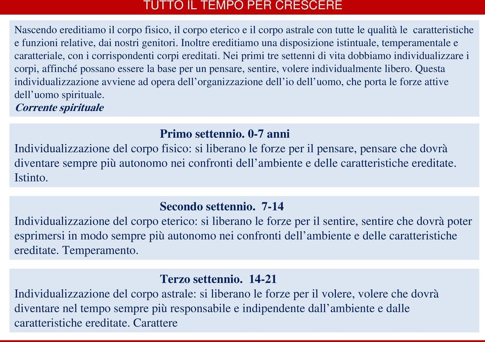 Nei primi tre settenni di vita dobbiamo individualizzare i corpi, affinché possano essere la base per un pensare, sentire, volere individualmente libero.