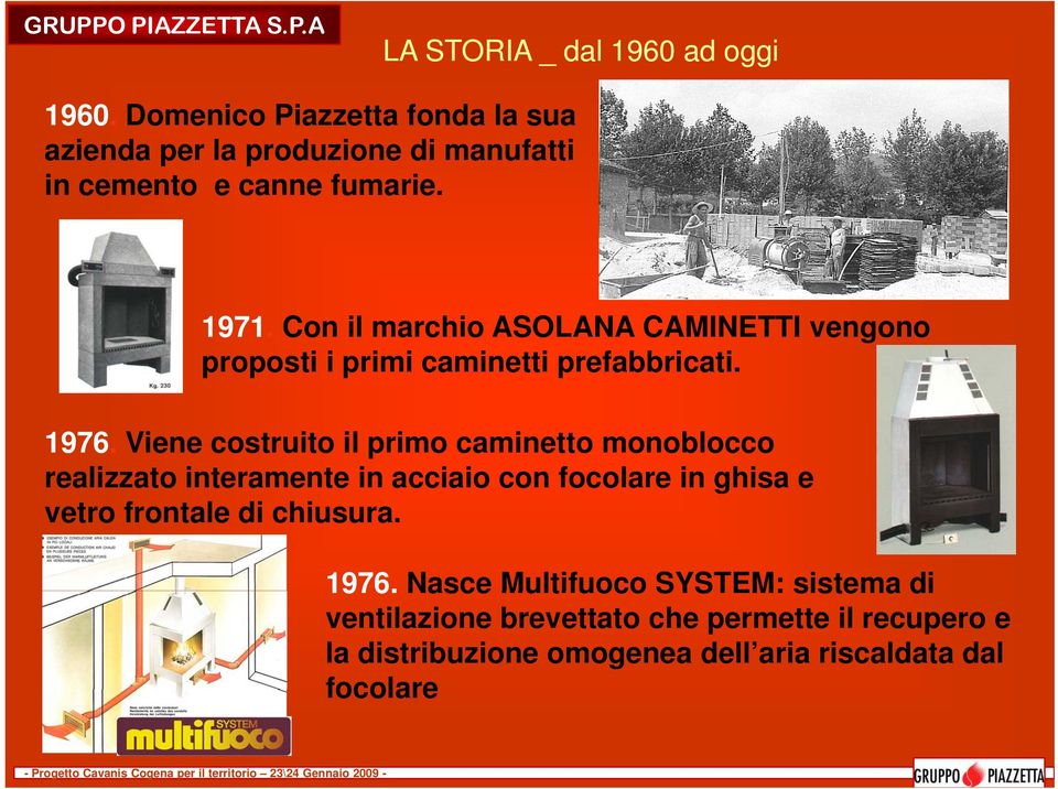 Con il marchio ASOLANA CAMINETTI vengono proposti i primi caminetti prefabbricati. 1976.