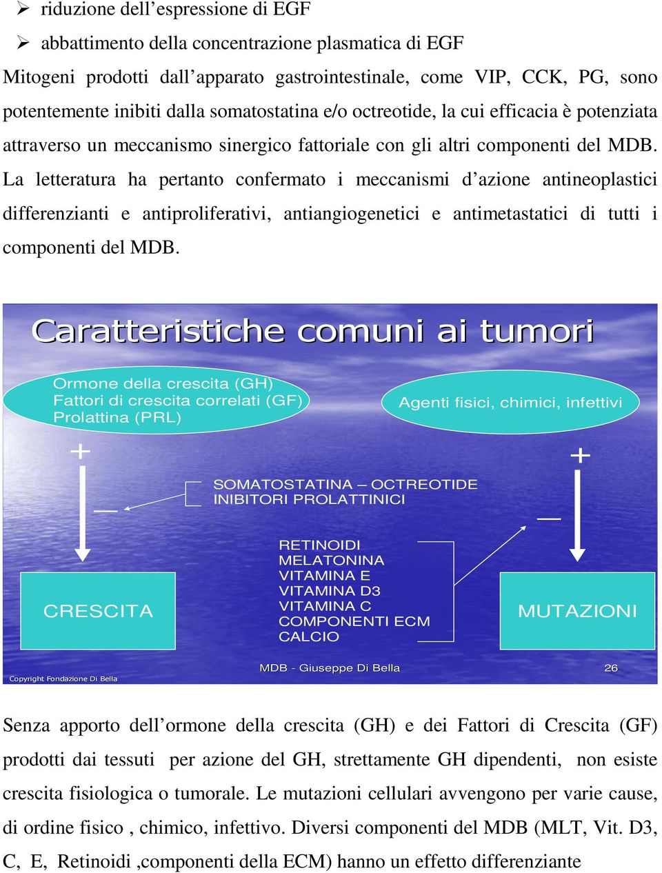 La letteratura ha pertanto confermato i meccanismi d azione antineoplastici differenzianti e antiproliferativi, antiangiogenetici e antimetastatici di tutti i componenti del MDB.