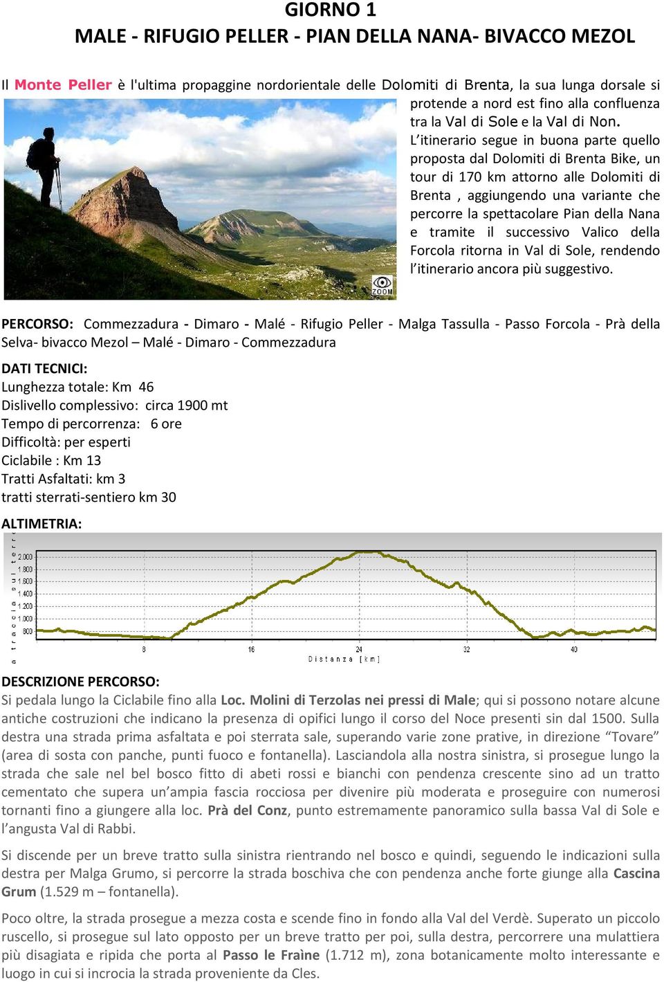 L itinerario segue in buona parte quello proposta dal Dolomiti di Brenta Bike, un tour di 170 km attorno alle Dolomiti di Brenta, aggiungendo una variante che percorre la spettacolare Pian della Nana