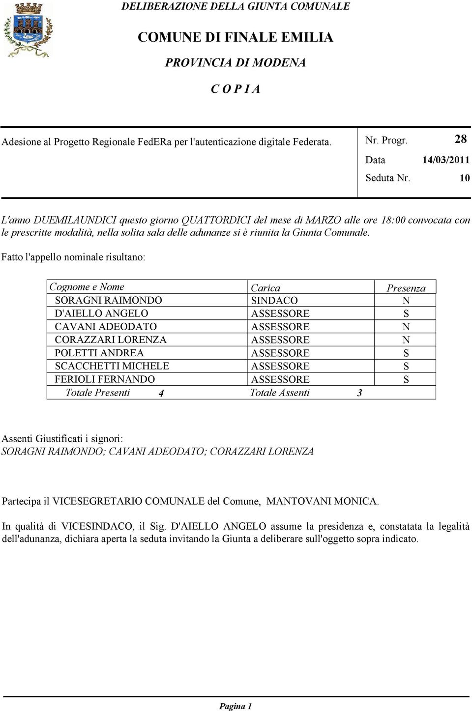 Fatto l'appello nominale risultano: Cognome e Nome Carica Presenza SORAGNI RAIMONDO SINDACO N D'AIELLO ANGELO ASSESSORE S CAVANI ADEODATO ASSESSORE N CORAZZARI LORENZA ASSESSORE N POLETTI ANDREA