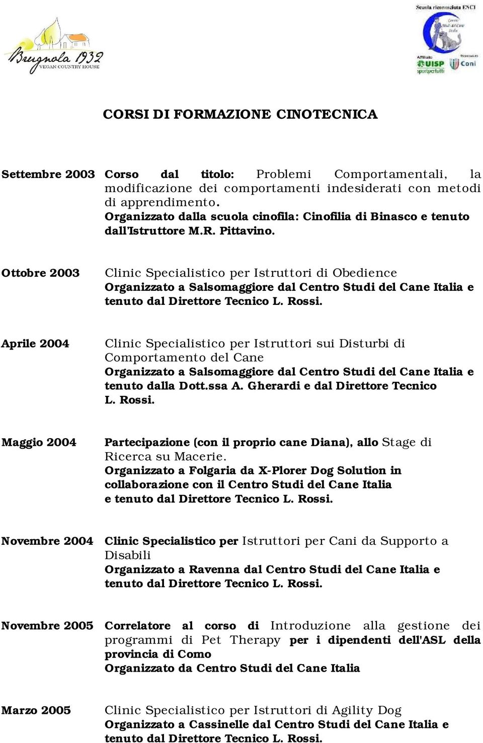 Ottobre 2003 Clinic Specialistico per Istruttori di Obedience Organizzato a Salsomaggiore dal Centro Studi del Cane Italia e Aprile 2004 Clinic Specialistico per Istruttori sui Disturbi di