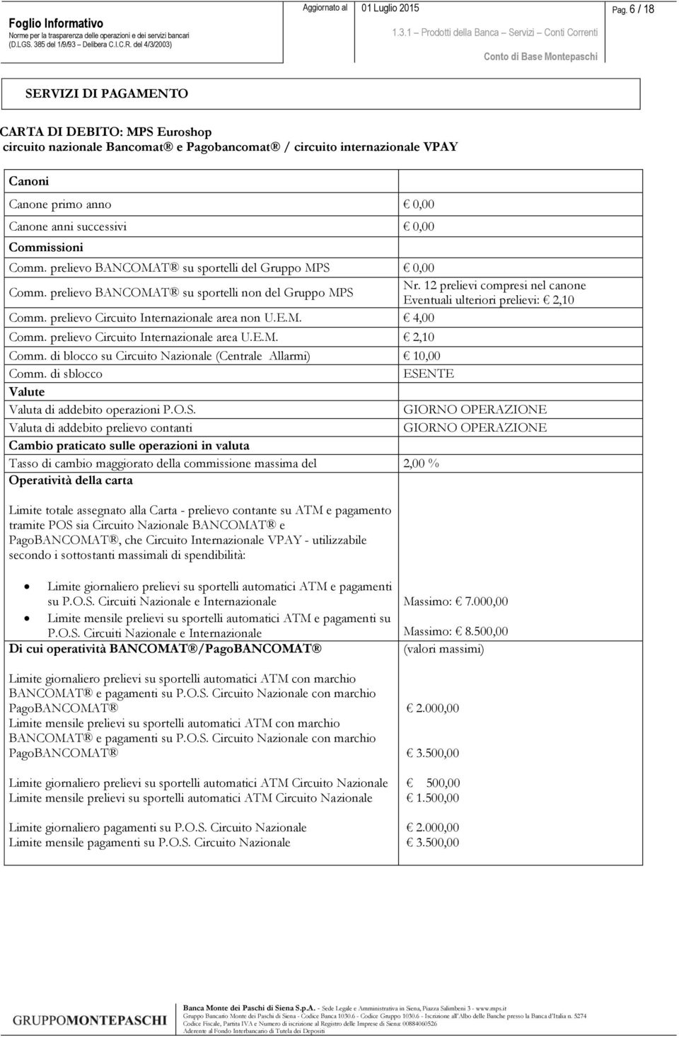 12 prelievi compresi nel canone Eventuali ulteriori prelievi: 2,10 Comm. prelievo Circuito Internazionale area non U.E.M. 4,00 Comm. prelievo Circuito Internazionale area U.E.M. 2,10 Comm. di blocco su Circuito Nazionale (Centrale Allarmi) 10,00 Comm.