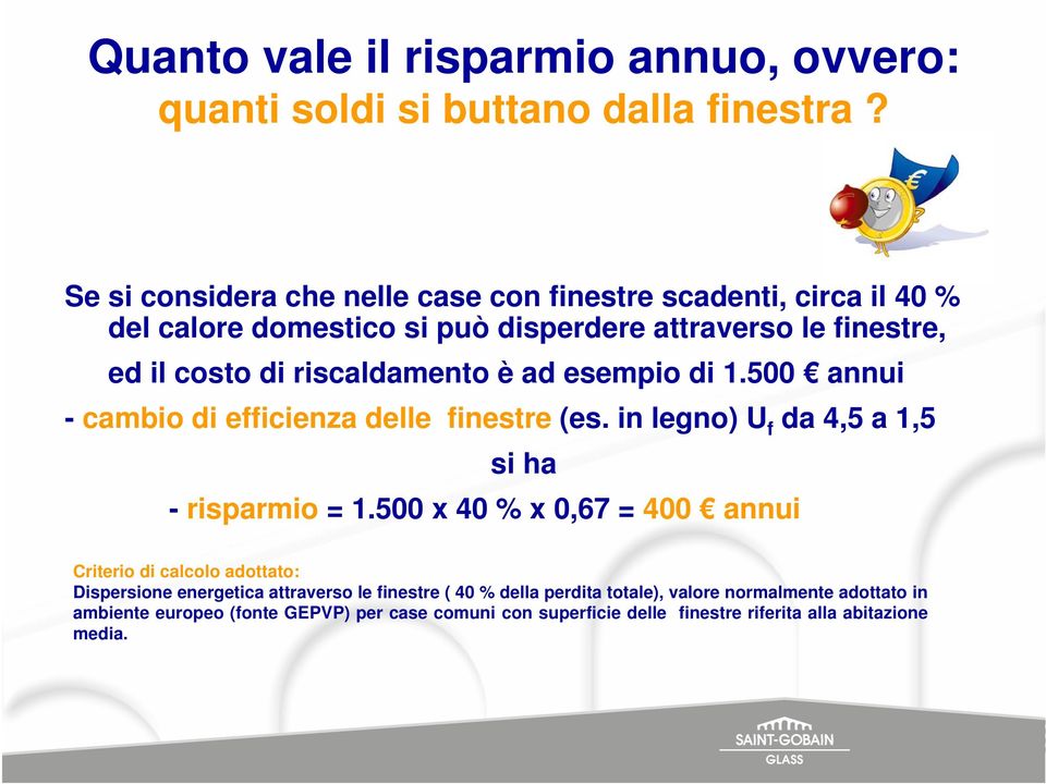 riscaldamento è ad esempio di 1.500 annui - cambio di efficienza delle finestre (es. in legno) U f da 4,5 a 1,5 si ha - risparmio = 1.