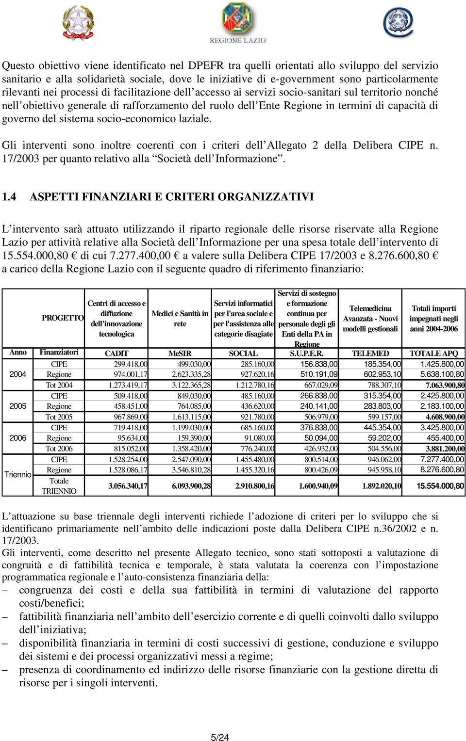 sistema socio-economico laziale. Gli interventi sono inoltre coerenti con i criteri dell Allegato 2 della Delibera CIPE n. 17