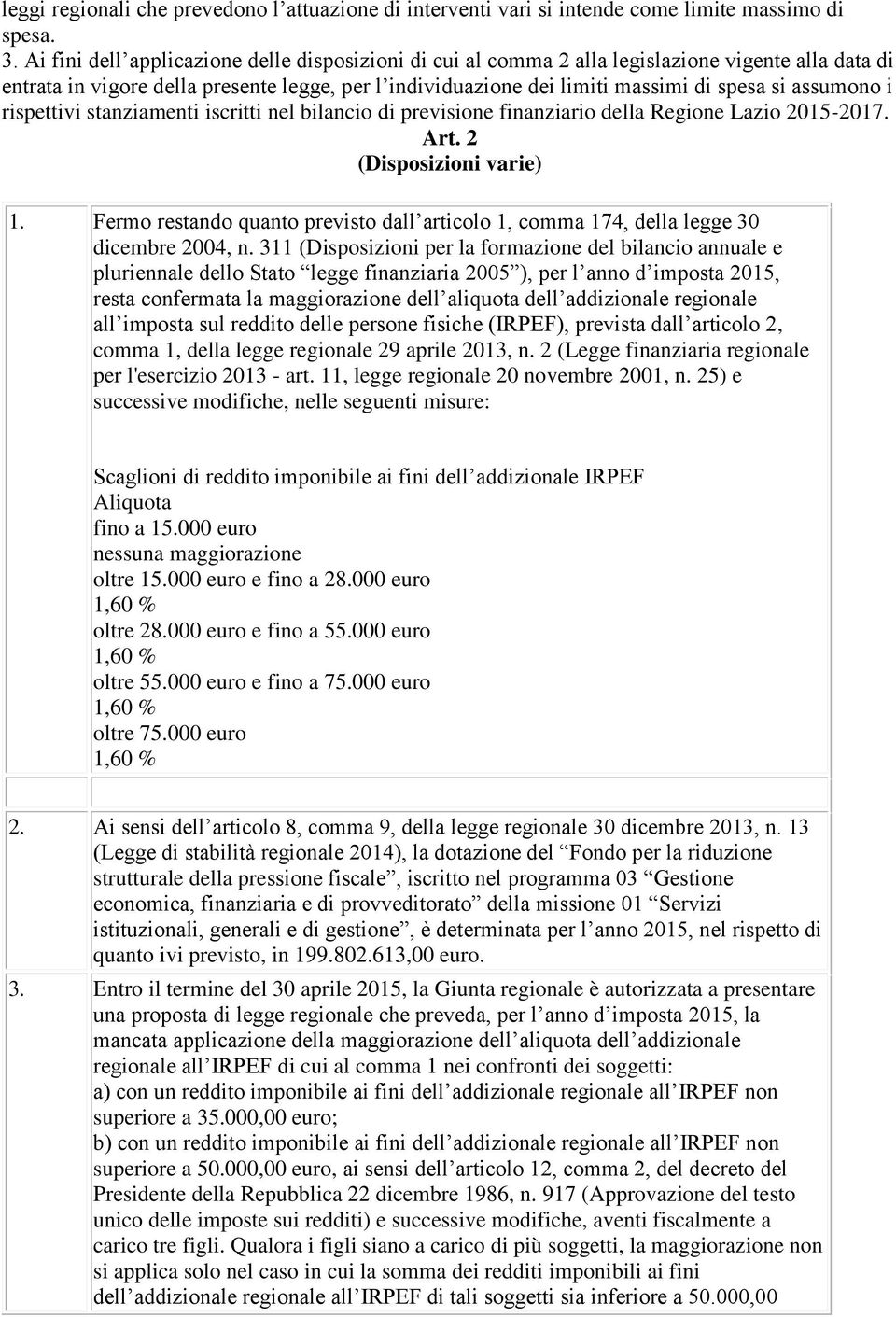assumono i rispettivi stanziamenti iscritti nel bilancio di previsione finanziario della Regione Lazio 2015-2017. Art. 2 (Disposizioni varie) 1.