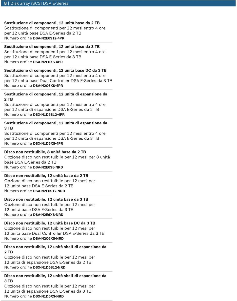 Sostitzione di componenti, 12 nità di espansione da 2 TB per 12 nità di espansione DSA E Series da 2 TB Nmero ordine DSX-N1D6S12-4PR Sostitzione di componenti, 12 nità di espansione da 3 TB per 12