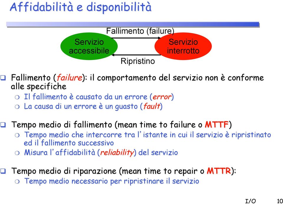 ! La causa di un errore è un guasto (fault)!! Tempo medio di fallimento (mean time to failure o MTTF)!! Tempo medio che intercorre tra l!