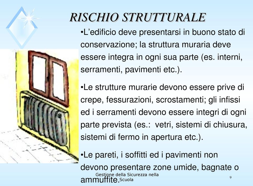 Le strutture murarie devono essere prive di crepe, fessurazioni, scrostamenti; gli infissi ed i serramenti devono essere