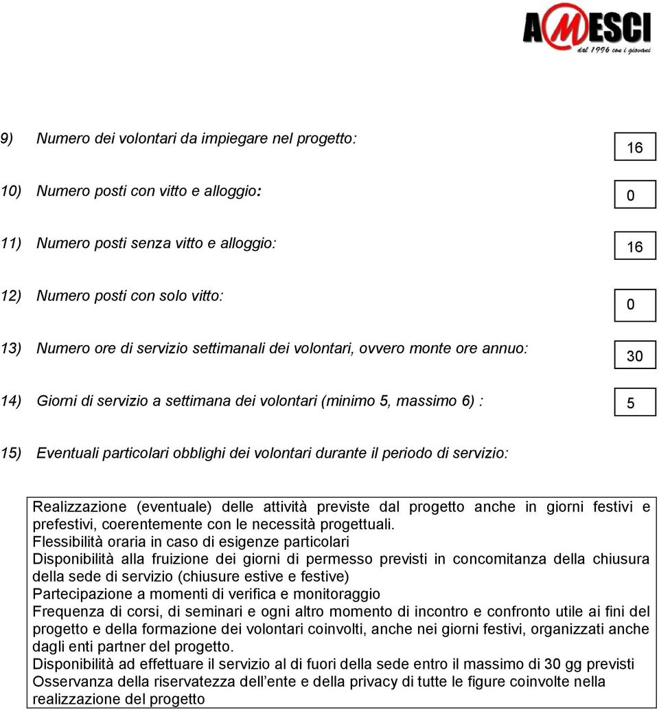 periodo di servizio: Realizzazione (eventuale) delle attività previste dal progetto anche in giorni festivi e prefestivi, coerentemente con le necessità progettuali.