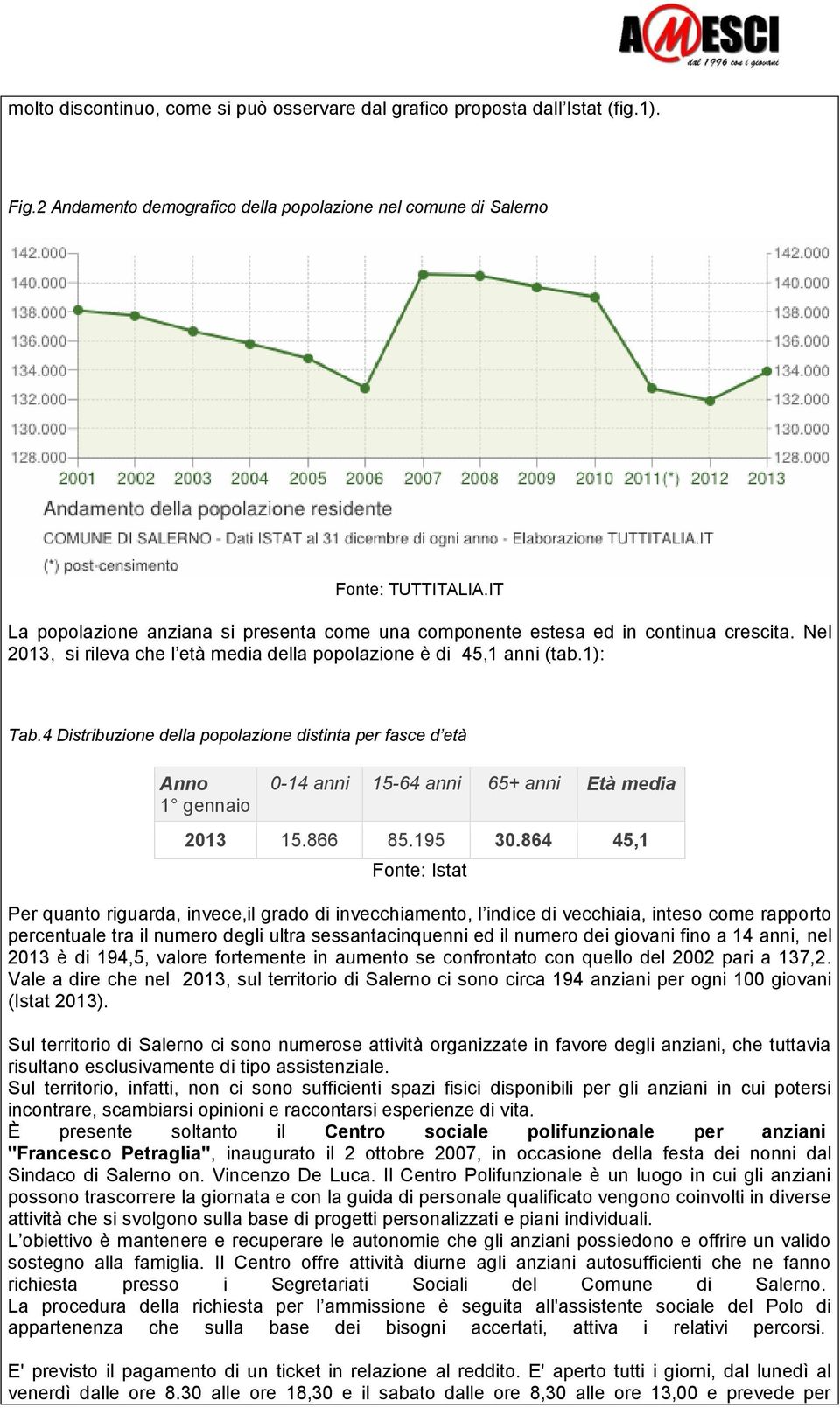 4 Distribuzione della popolazione distinta per fasce d età Anno 1 gennaio 0-14 anni 15-64 anni 65+ anni Età media 2013 15.866 85.195 30.