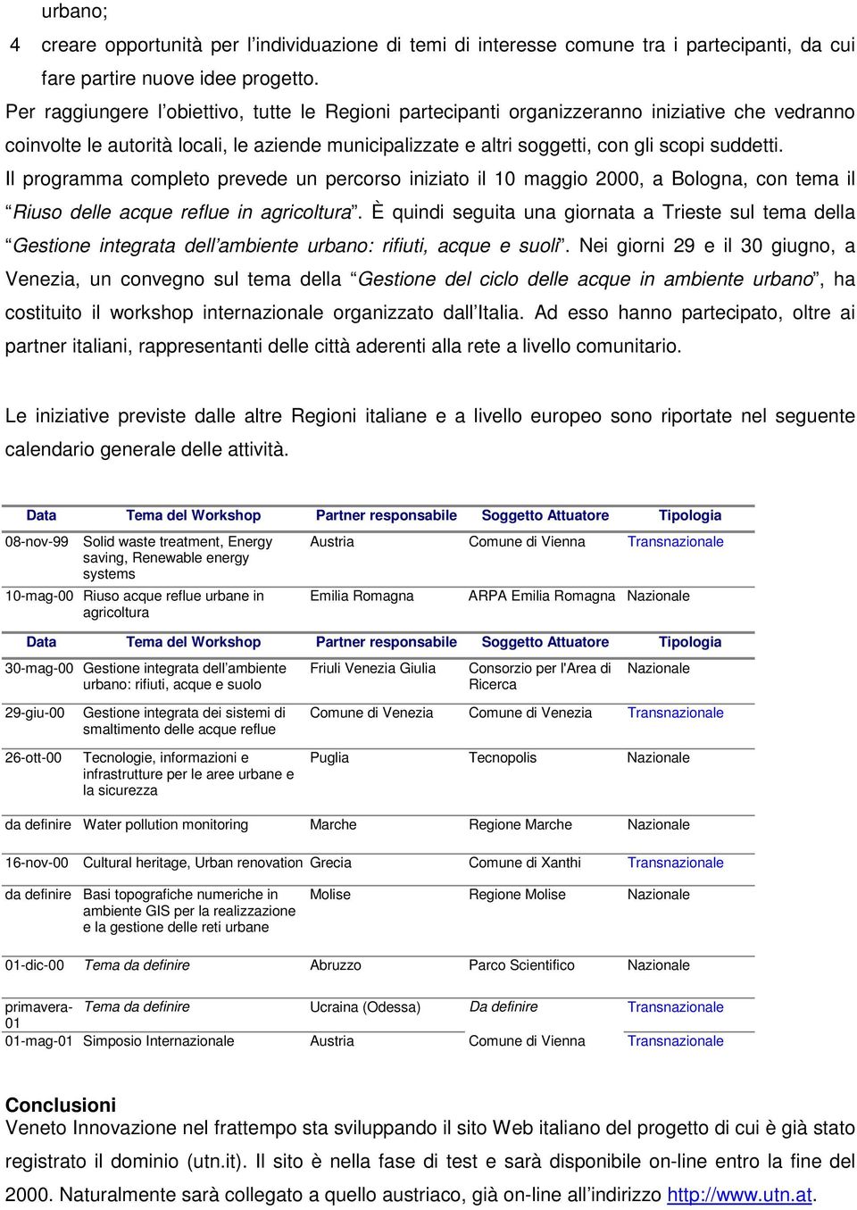 Il programma completo prevede un percorso iniziato il 10 maggio 2000, a Bologna, con tema il Riuso delle acque reflue in agricoltura.