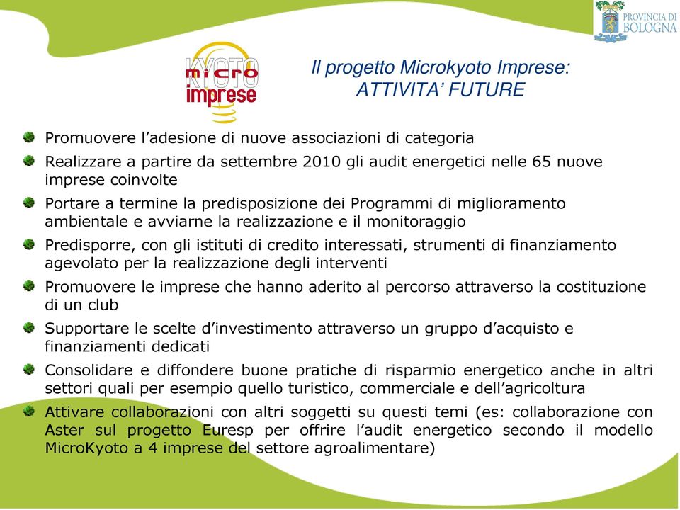 finanziamento agevolato per la realizzazione degli interventi Promuovere le imprese che hanno aderito al percorso attraverso la costituzione di un club Supportare le scelte d investimento attraverso