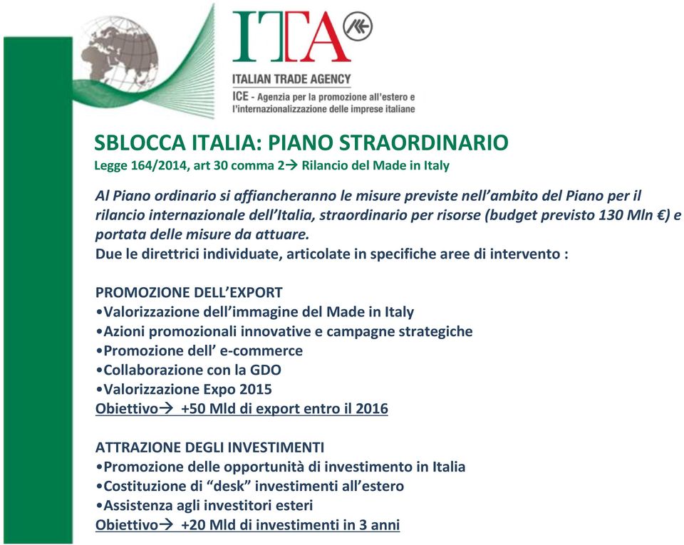 Due le direttrici individuate, articolate in specifiche aree di intervento : PROMOZIONE DELL EXPORT Valorizzazione dell immagine del Made in Italy Azioni promozionali innovative e campagne