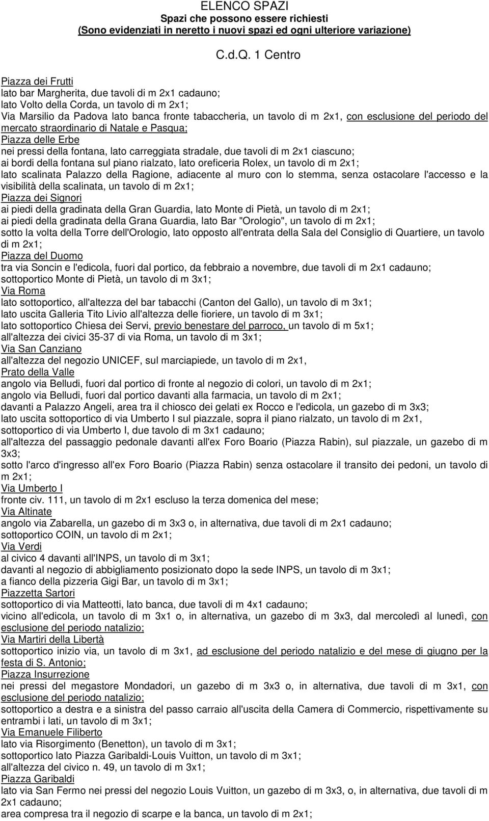 esclusione del periodo del mercato straordinario di Natale e Pasqua; Piazza delle Erbe nei pressi della fontana, lato carreggiata stradale, due tavoli di m 2x1 ciascuno; ai bordi della fontana sul