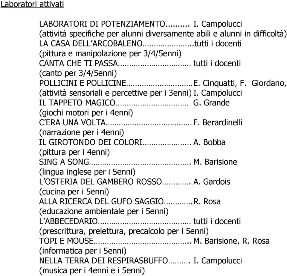 Giordano, (attività sensoriali e percettive per i 3enni) I. Campolucci IL TAPPETO MAGICO G. Grande (giochi motori per i 4enni) C ERA UNA VOLTA F.