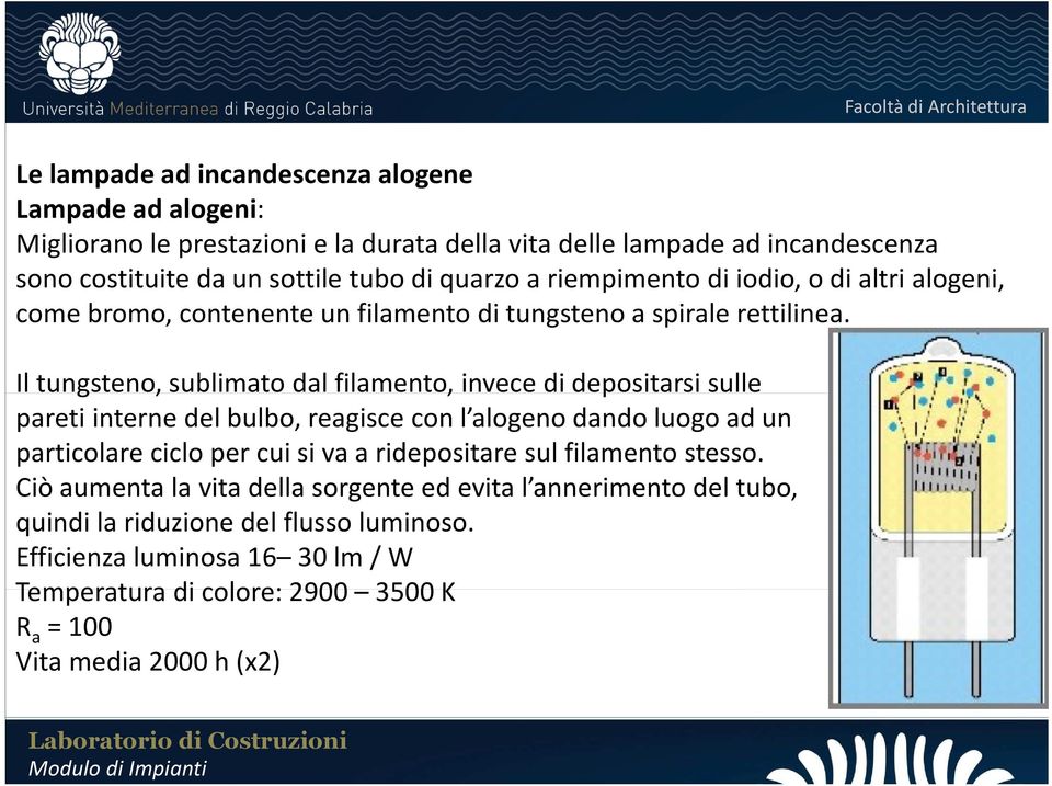 Il tungsteno, sublimato dal filamento, invece di depositarsi sulle pareti interne del bulbo, reagisce con l alogeno dando luogo ad un particolare ciclo per cui si va a ridepositare