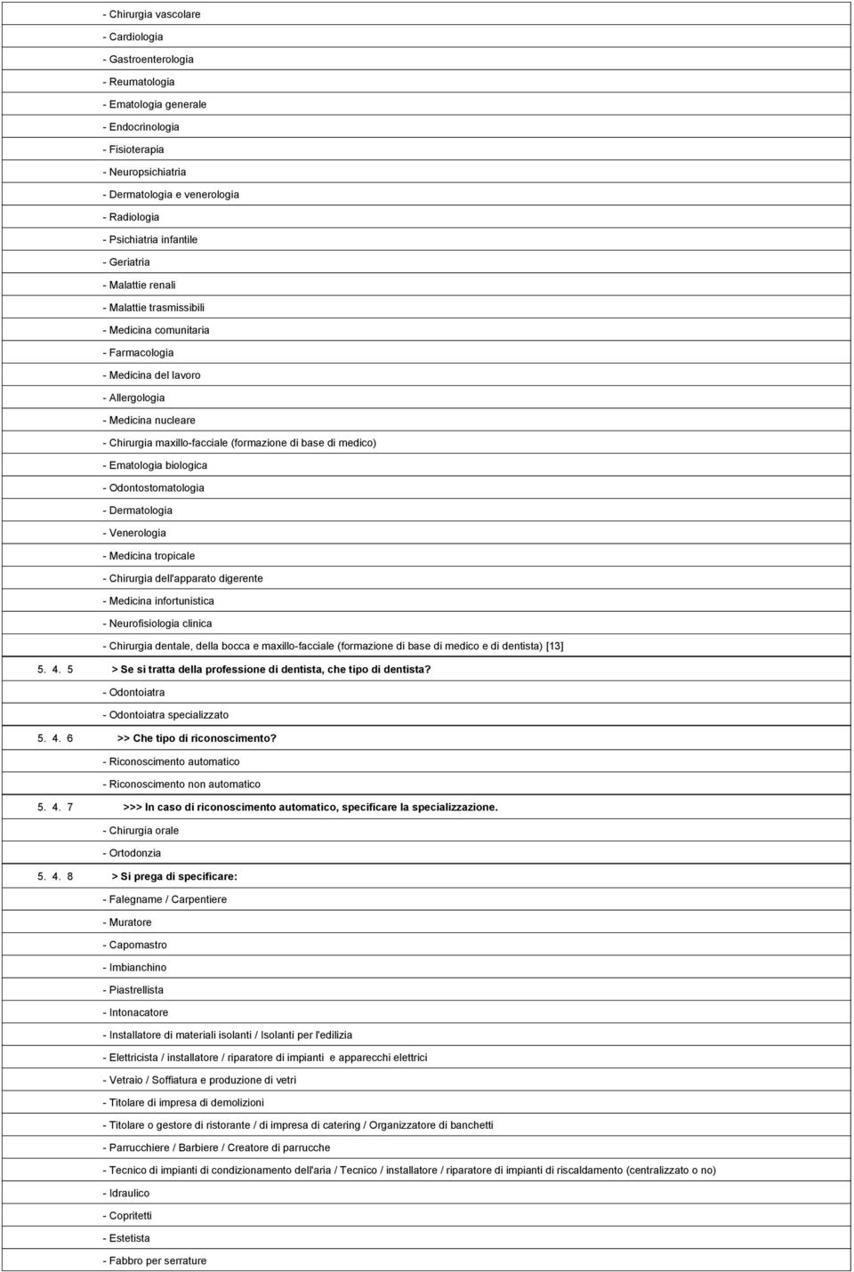 1,702,627- Medicina comunitaria 1,702,628- Farmacologia 1,702,629- Medicina del lavoro 1,702,630- Allergologia 1,702,631- Medicina nucleare 1,702,632- Chirurgia maxillo-facciale (formazione di base