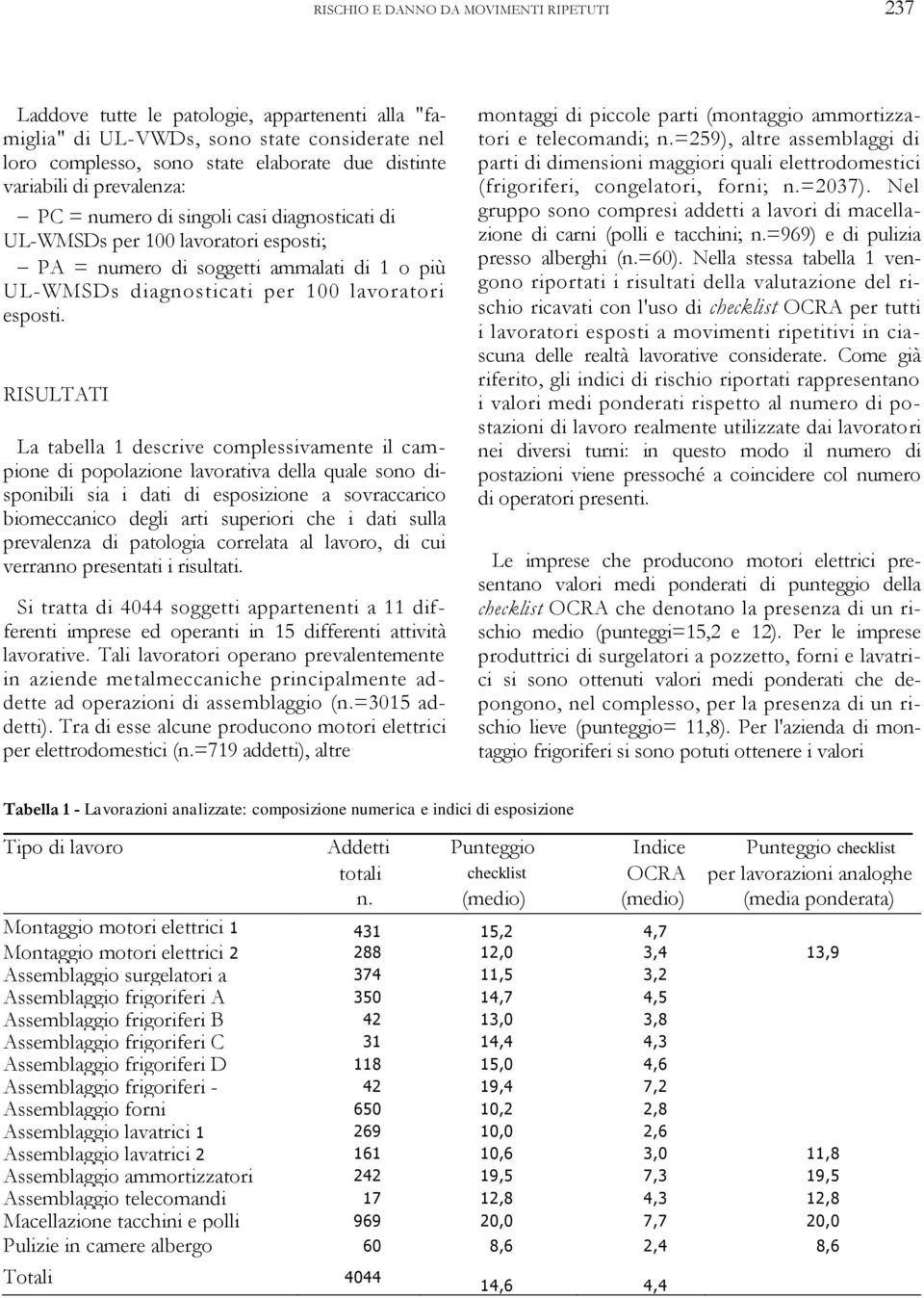 RISULTATI La tabella 1 descrive complessivamente il campione di popolazione lavorativa della quale sono disponibili sia i dati di esposizione a sovraccarico biomeccanico degli arti superiori che i