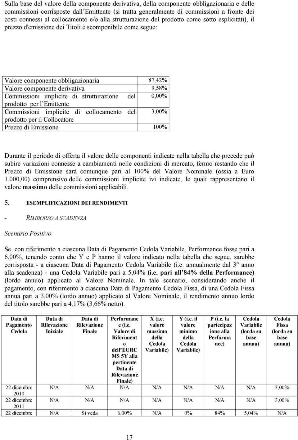 derivativa 9,58% Commissioni implicite di strutturazione del 0,00% prodotto per l Emittente Commissioni implicite di collocamento del 3,00% prodotto per il Collocatore Prezzo di Emissione 100%