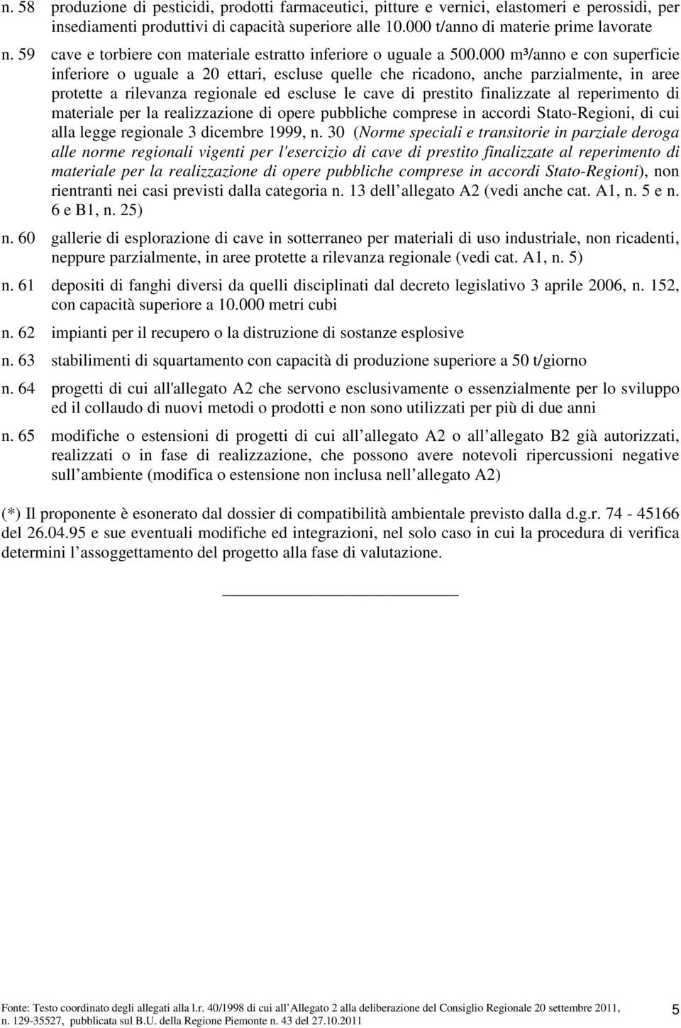 000 m³/anno e con superficie inferiore o uguale a 20 ettari, escluse quelle che ricadono, anche parzialmente, in aree protette a rilevanza regionale ed escluse le cave di prestito finalizzate al