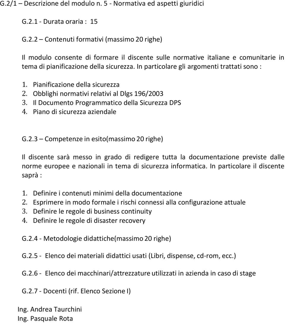 Piano di sicurezza aziendale G.2.