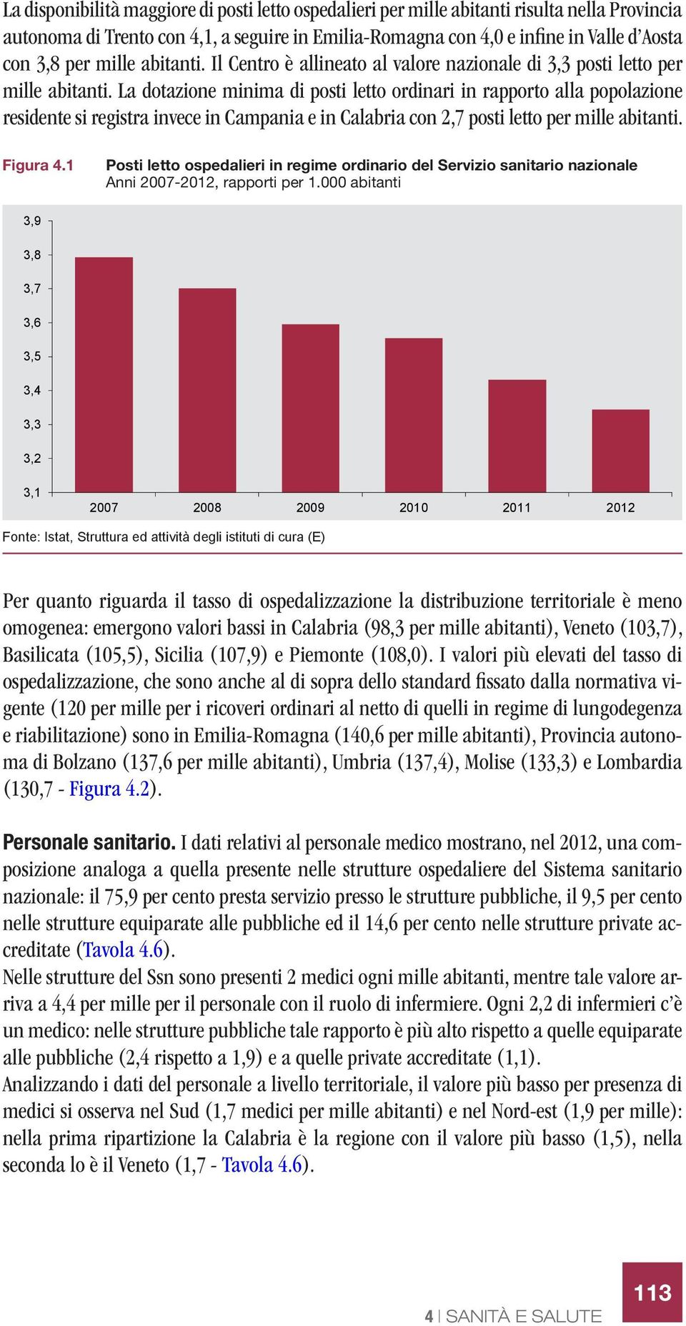 La dotazione minima di posti letto ordinari in rapporto alla popolazione residente si registra invece in Campania e in Calabria con 2,7 posti letto per mille abitanti. Figura 4.