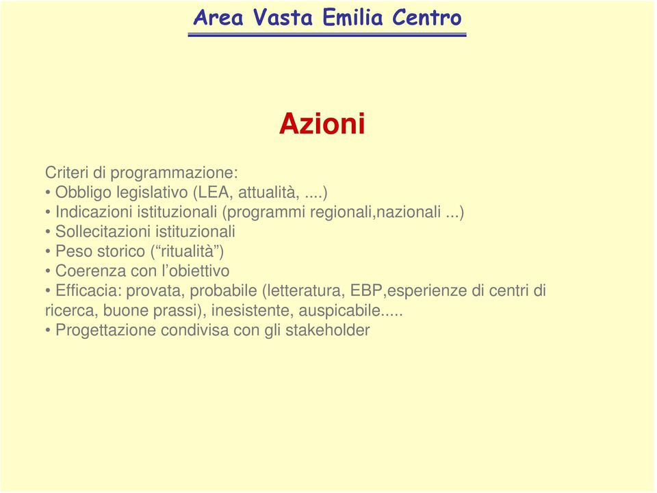 ..) Sollecitazioni istituzionali Peso storico ( ritualità ) Coerenza con l obiettivo Efficacia: