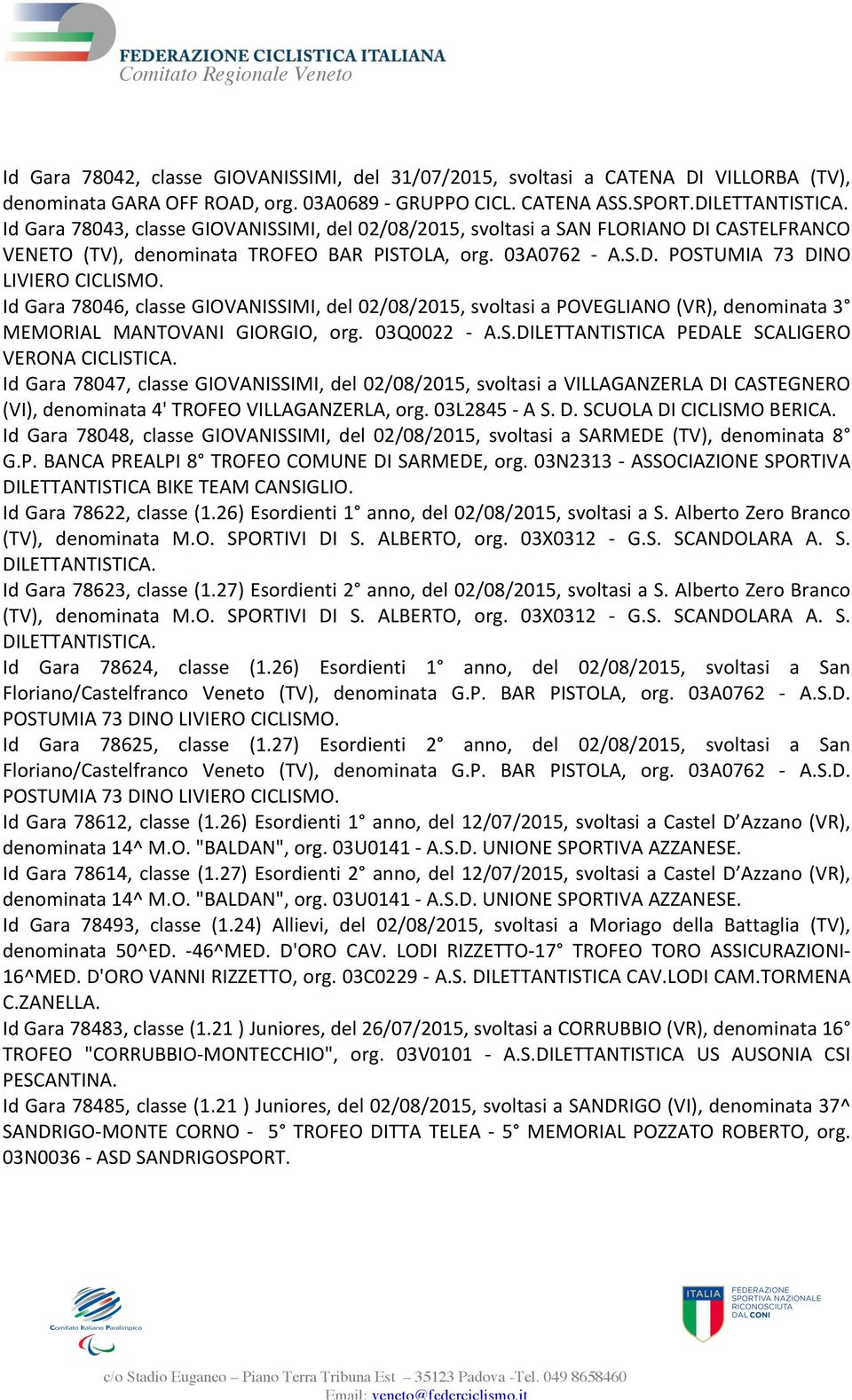 Id Gara 78046, classe GIOVANISSIMI, del 02/08/2015, svoltasi a POVEGLIANO (VR), denominata 3 MEMORIAL MANTOVANI GIORGIO, org. 03Q0022 - A.S.DILETTANTISTICA PEDALE SCALIGERO VERONA CICLISTICA.