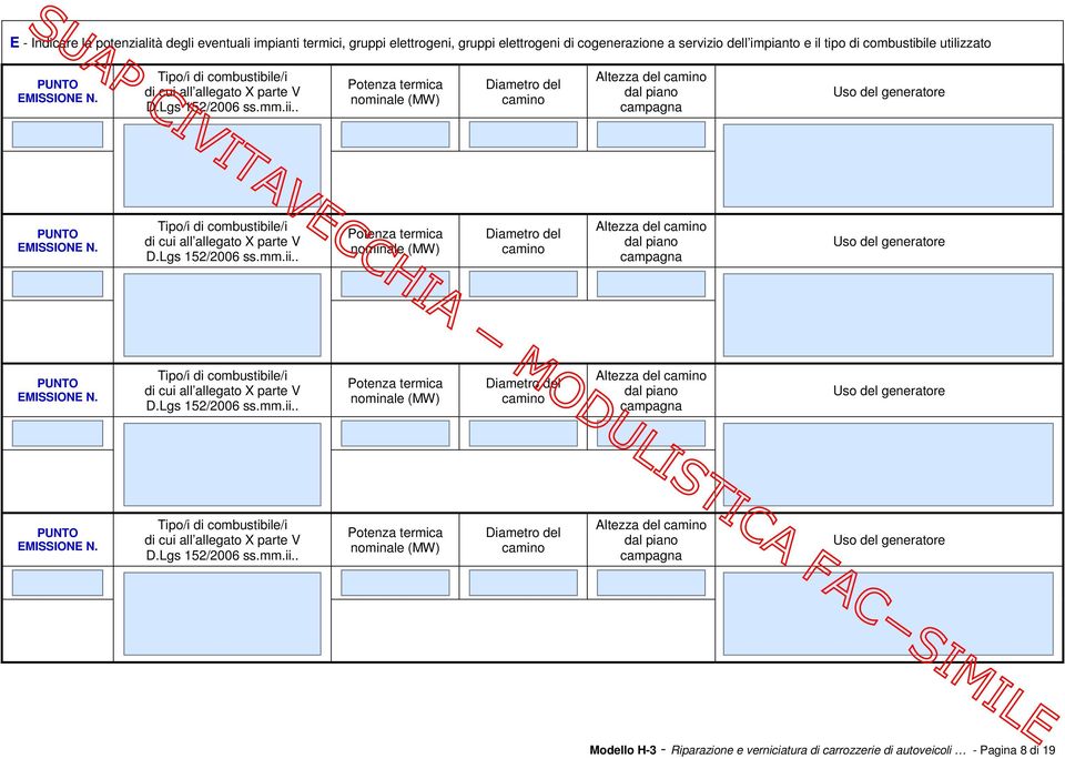 . Potenza termica nominale (MW) camino Altezza del camino dal piano campagna Uso del generatore PUNTO Tipo/i di .