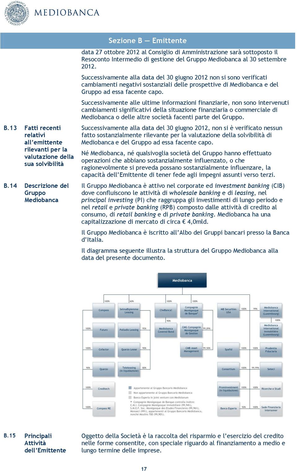 2012. Successivamente alla data del 30 giugno 2012 non si sono verificati cambiamenti negativi sostanziali delle prospettive di Mediobanca e del Gruppo ad essa facente capo.