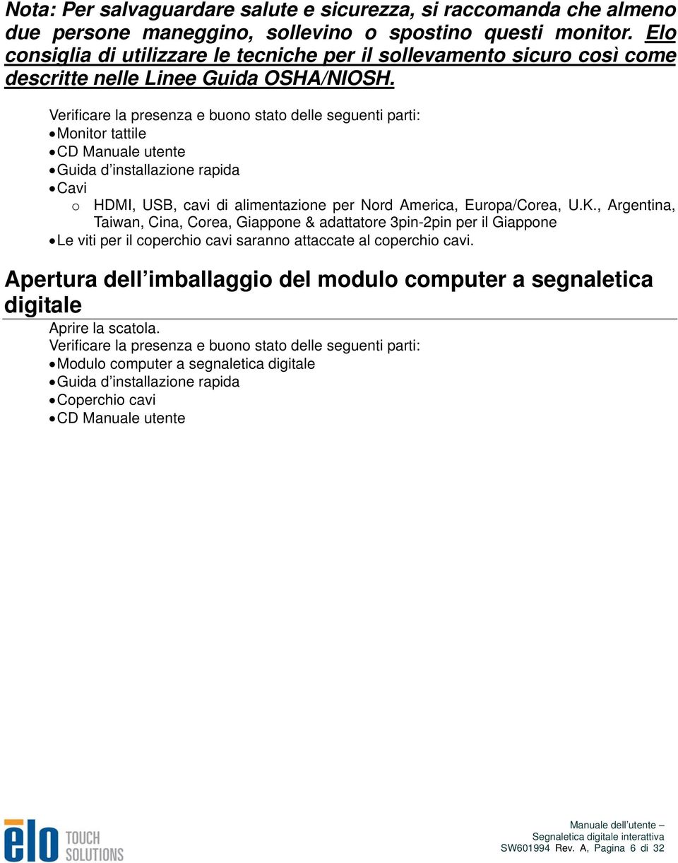 Verificare la presenza e buono stato delle seguenti parti: Monitor tattile CD Manuale utente Guida d installazione rapida Cavi o HDMI, USB, cavi di alimentazione per Nord America, Europa/Corea, U.K.