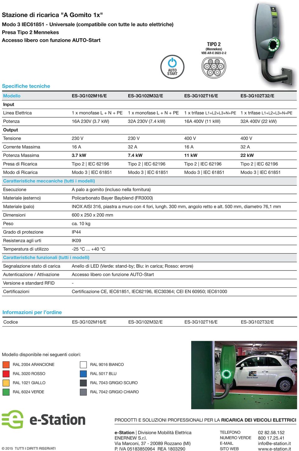 4 kw ES-3G102T16/E 16A 400V (11 kw) 11 kw ES-3G102T32/E 32A 400V (22 kw) 22 kw A palo a gomito (incluso nella fornitura) INOX