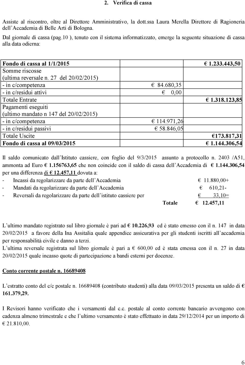 27 del 20/02/205) - in c/competenza 84.680,35 - in c/residui attivi 0,00 Totale Entrate.38.23,85 Pagamenti eseguiti (ultimo mandato n 47 del 20/02/205) - in c/competenza 4.