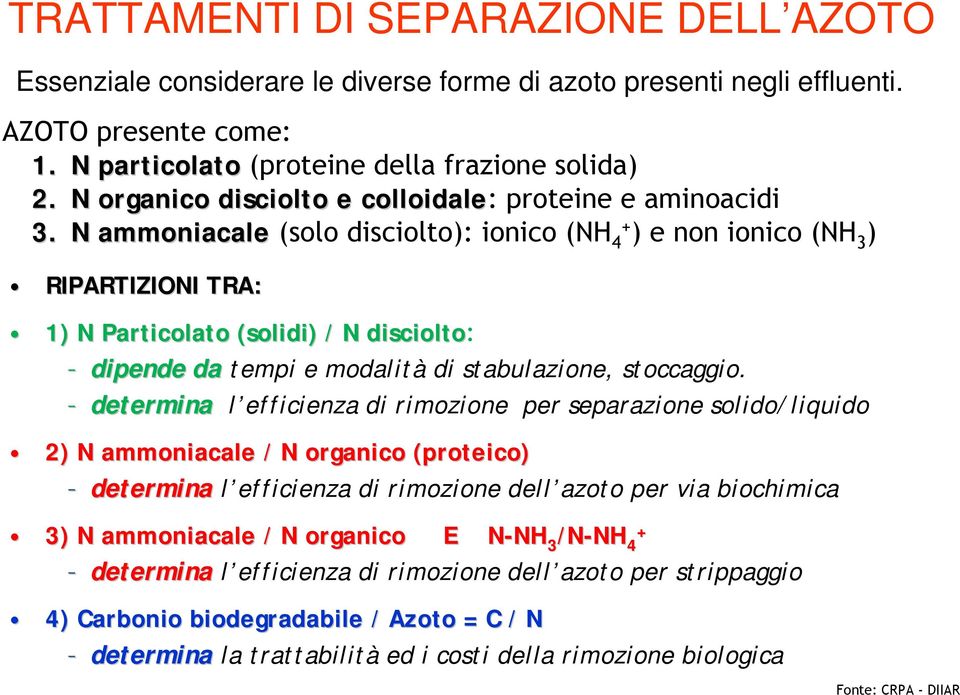 N ammoniacale (solo disciolto): ionico (NH 4+ ) e non ionico (NH 3 ) RIPARTIZIONI TRA: 1) N Particolato (solidi) / N disciolto: dipende da tempi e modalità di stabulazione, stoccaggio.