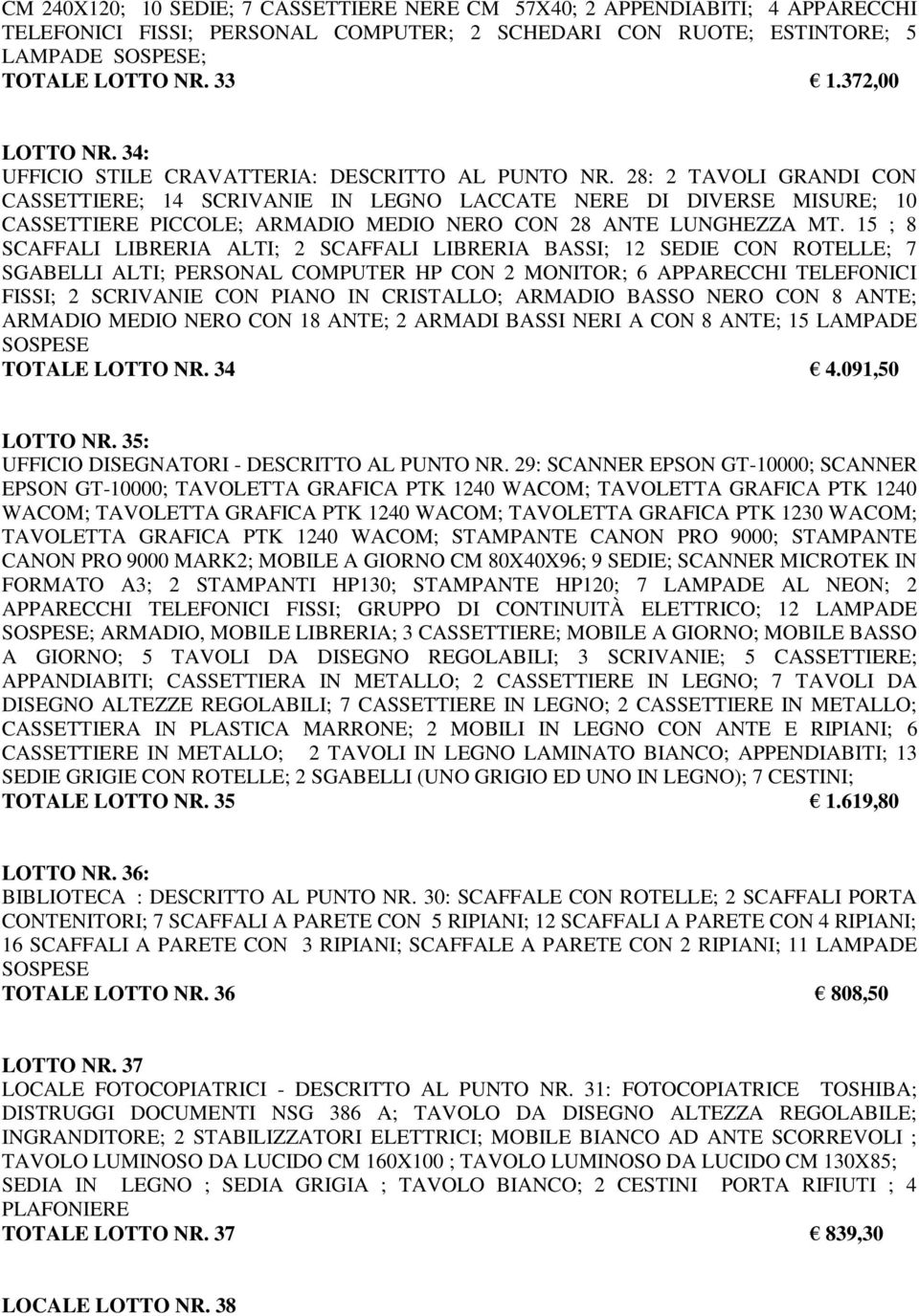 28: 2 TAVOLI GRANDI CON CASSETTIERE; 14 SCRIVANIE IN LEGNO LACCATE NERE DI DIVERSE MISURE; 10 CASSETTIERE PICCOLE; ARMADIO MEDIO NERO CON 28 ANTE LUNGHEZZA MT.