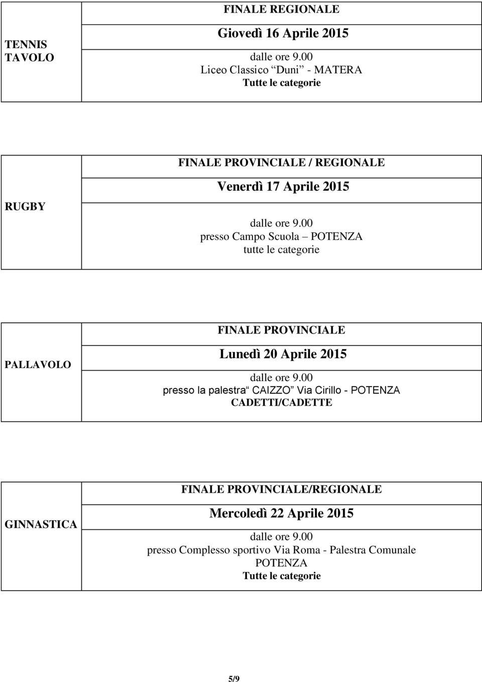 categorie PALLAVOLO Lunedì 20 Aprile 2015 presso la palestra CAIZZO