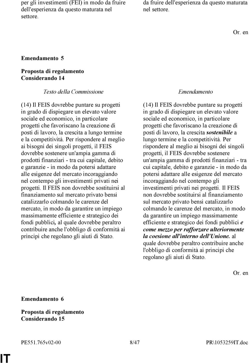 5 Considerando 14 (14) Il FEIS dovrebbe puntare su progetti in grado di dispiegare un elevato valore sociale ed economico, in particolare progetti che favoriscano la creazione di posti di lavoro, la