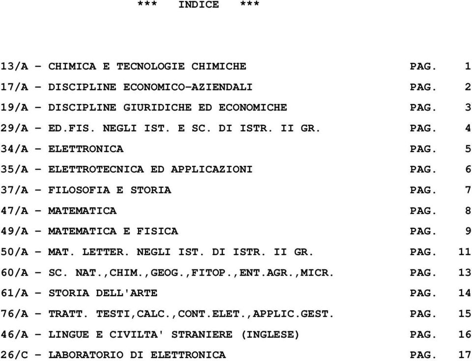 8 49/A - MATEMATICA E FISICA PAG. 9 50/A - MAT. LETTER. NEGLI IST. DI ISTR. II GR. PAG. 11 60/A - SC. NAT.,CHIM.,GEOG.,FITOP.,ENT.AGR.,MICR. PAG. 13 61/A - STORIA DELL'ARTE PAG.