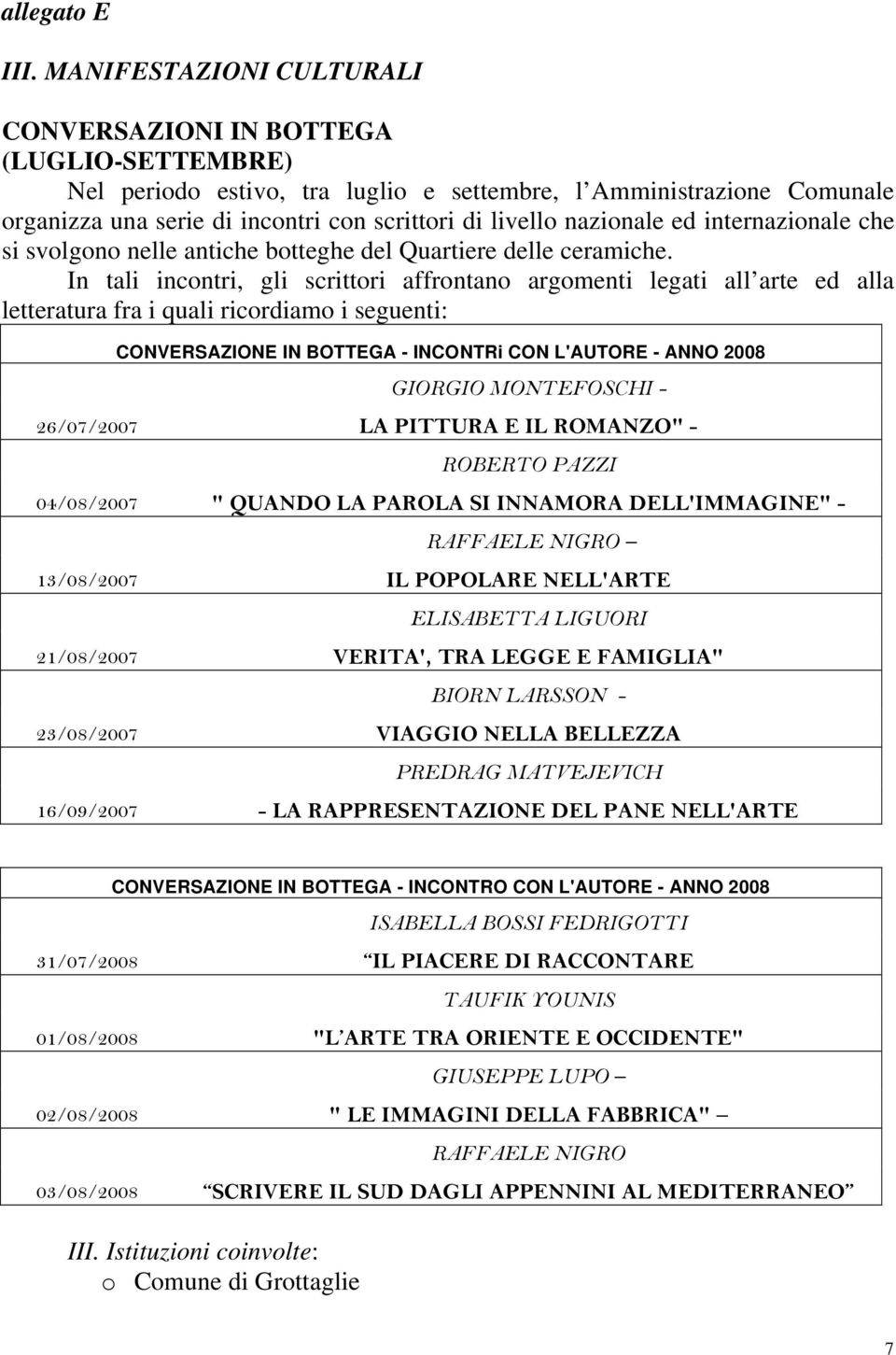 In tali incontri, gli scrittori affrontano argomenti legati all arte ed alla letteratura fra i quali ricordiamo i seguenti: CONVERSAZIONE IN BOTTEGA - INCONTRi CON L'AUTORE - ANNO 2008 GIORGIO